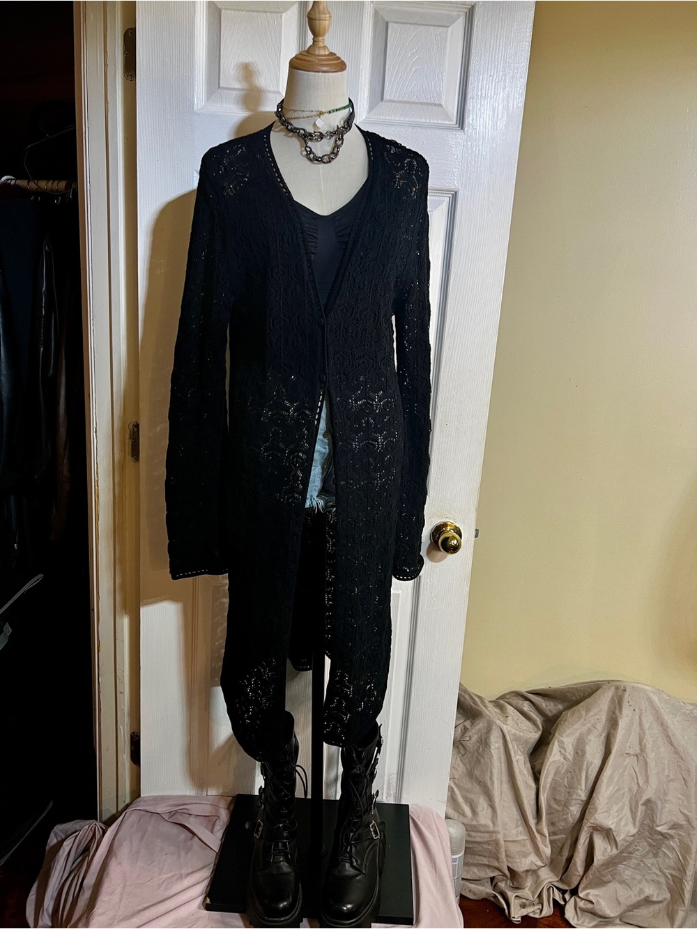 Jones New York Vtg Y2K Cotton Crochet Open Knit Button Up Midi Black Cardigan L